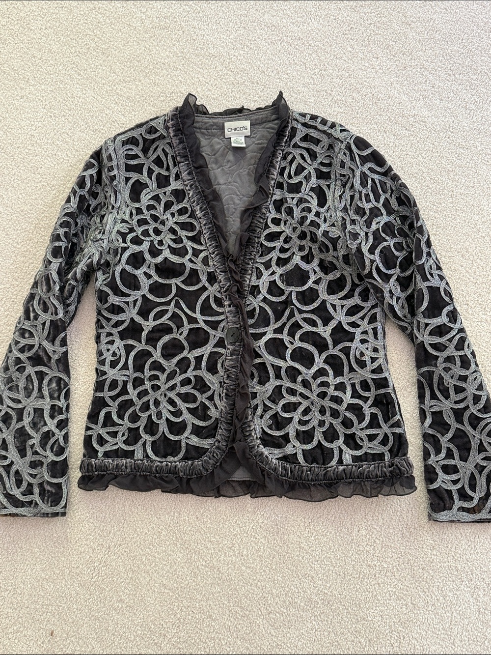 Chico's Charcoal Gray Velvet Floral Cutout Open Cardigan